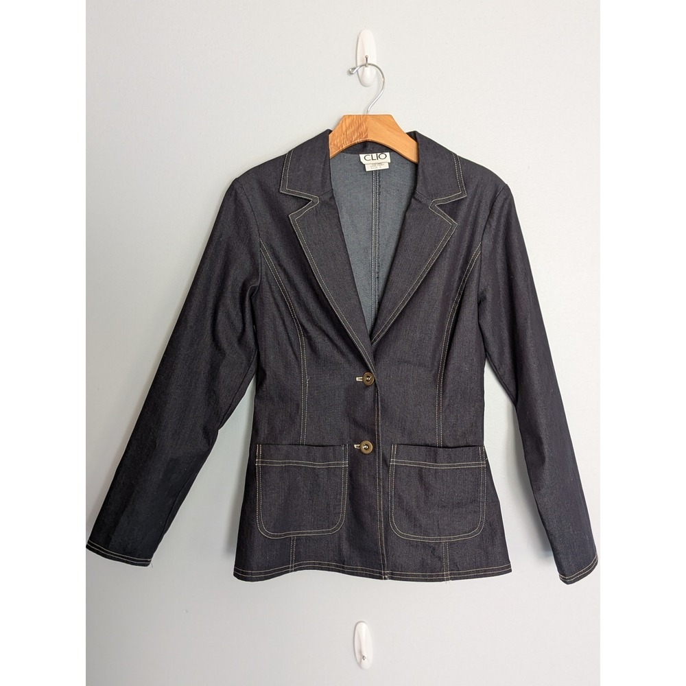 Y2K‎ CLIO Denim Jacket Blazer Dark Wash Contrast Stitch Business Casual
